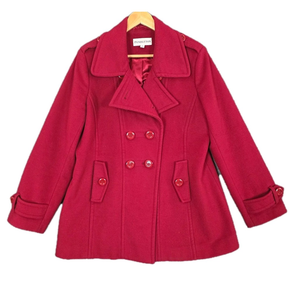 Pendleton Coat Women 16 Red Lambswool Wool Blend Trench Peacoat Preppy Heavy VTG